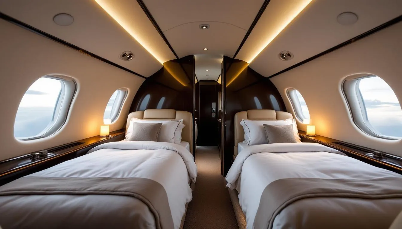 The image depicts a luxurious private jet interior featuring lie-flat beds and premium amenities, designed for ultimate comfort during private jet travel. The spacious cabin is equipped with elegant furnishings and in-flight catering options, perfect for business travelers and long haul flights.