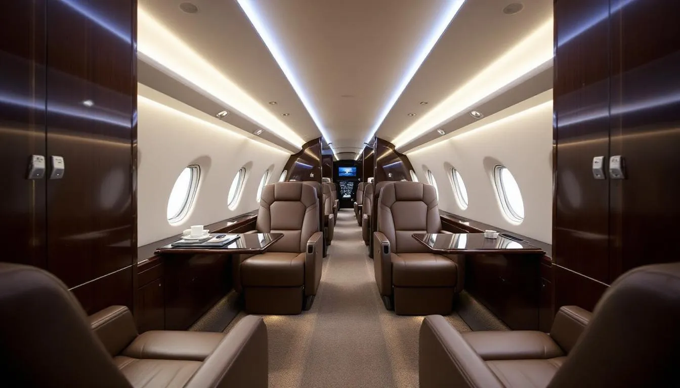 The image depicts the interior of a mid-size private jet featuring a spacious stand-up cabin with comfortable business seating, designed for private jet travel. The layout offers ample space for passengers, enhancing the experience of business travelers with luxurious amenities.