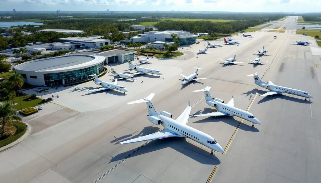 An aerial view showcases Miami Executive Airport, featuring several private jets parked near luxury terminals, indicative of the high-end private jet charters available for travelers flying from Chicago to Miami. The scene highlights the airport's role in accommodating both business and leisure travelers seeking exceptional service and comfort.