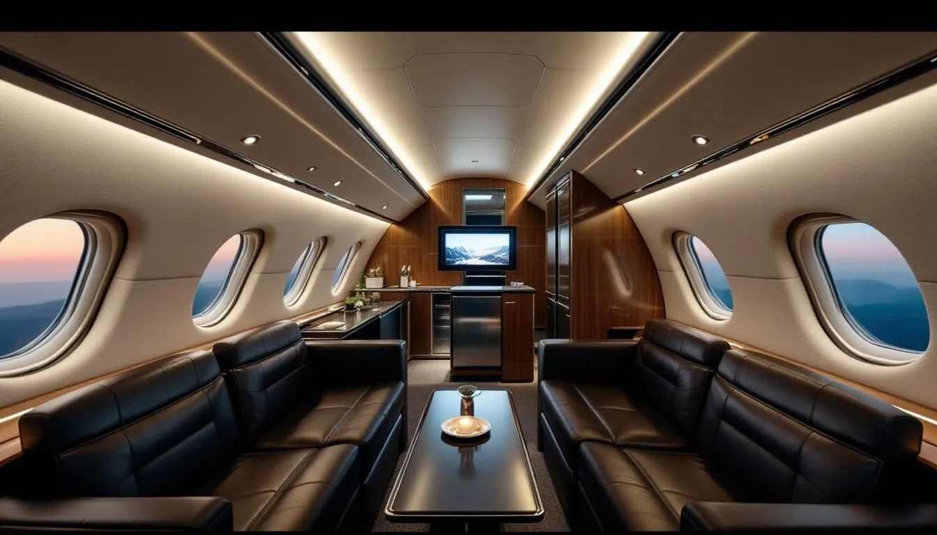 The image depicts the interior of a luxurious heavy jet cabin, featuring plush leather seating and modern amenities designed for comfort. This private jet offers an elegant space for travelers, ideal for those flying from Chicago to Miami or enjoying a private flight experience.