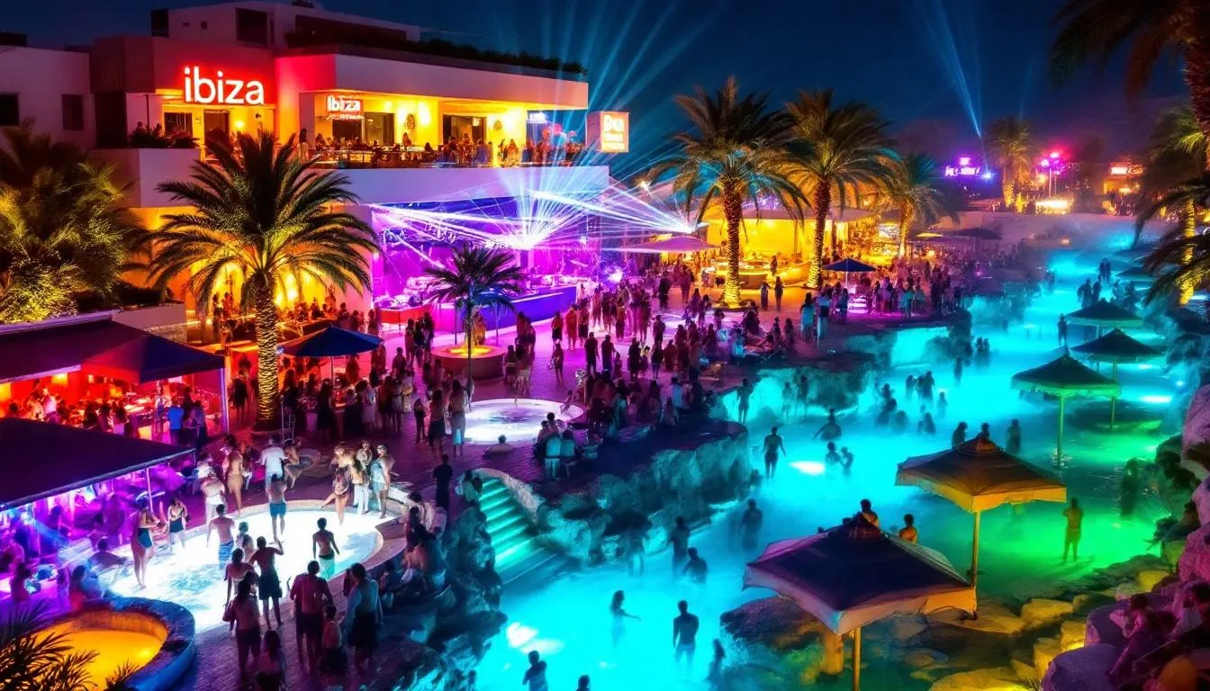 The image captures the vibrant nightlife of Ibiza, showcasing illuminated beach clubs and nightlife venues filled with people enjoying the lively atmosphere against the backdrop of stunning beaches and the Mediterranean Sea. The scene reflects the essence of Ibiza's rich cultural heritage and its reputation as a premier destination for private jet charters and luxury experiences.