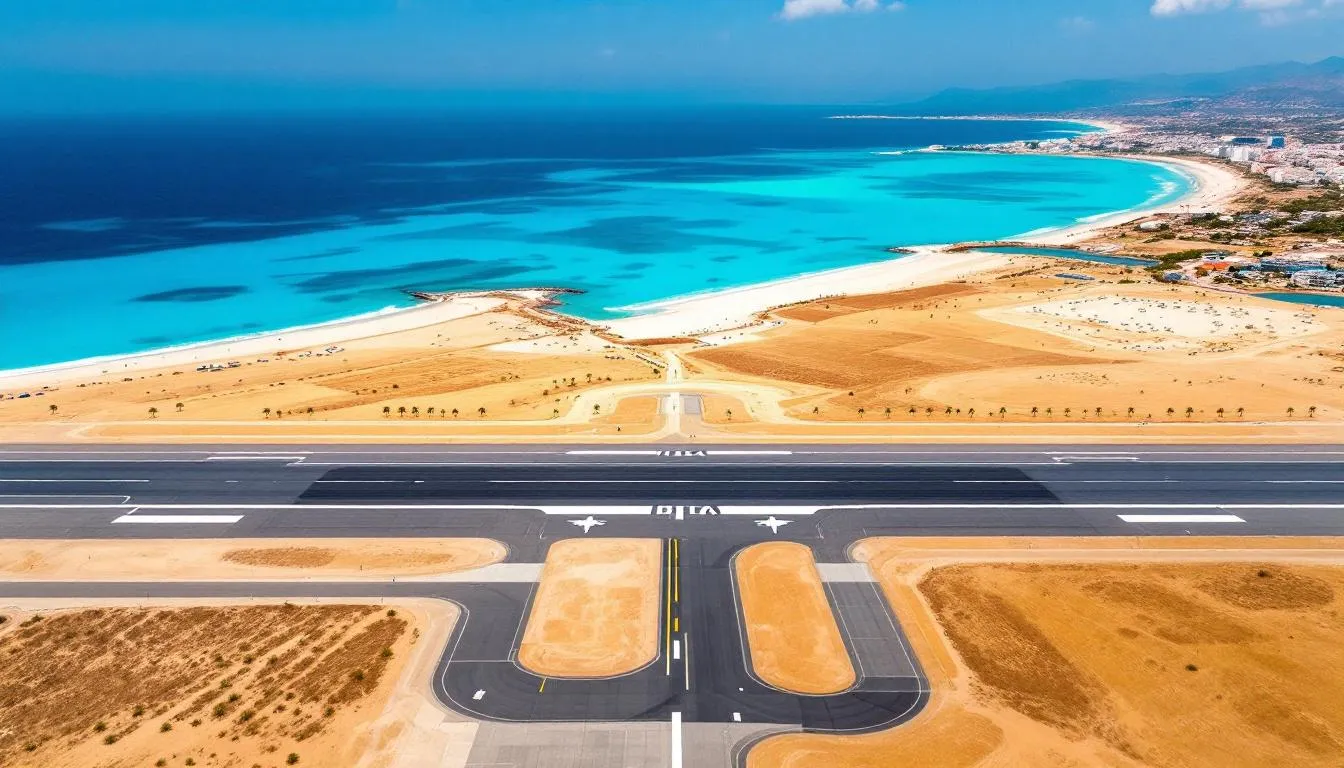 An aerial view of Ibiza Airport showcases its single runway bordered by the stunning Mediterranean coastline, with crystal clear waters glistening in the background. This picturesque scene highlights the beauty of the Balearic Islands, inviting visitors to experience the vibrant atmosphere and gorgeous beaches of Ibiza.