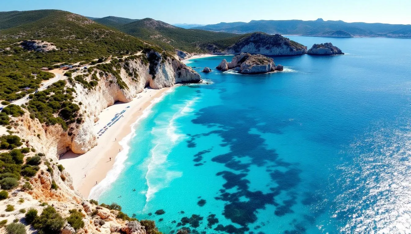 An aerial view showcases Ibiza's stunning coastline, featuring turquoise waters and beautiful sandy beaches, surrounded by the vibrant Mediterranean landscape. This picturesque scene highlights the allure of the Balearic Islands, perfect for those considering private jet flights to Ibiza.