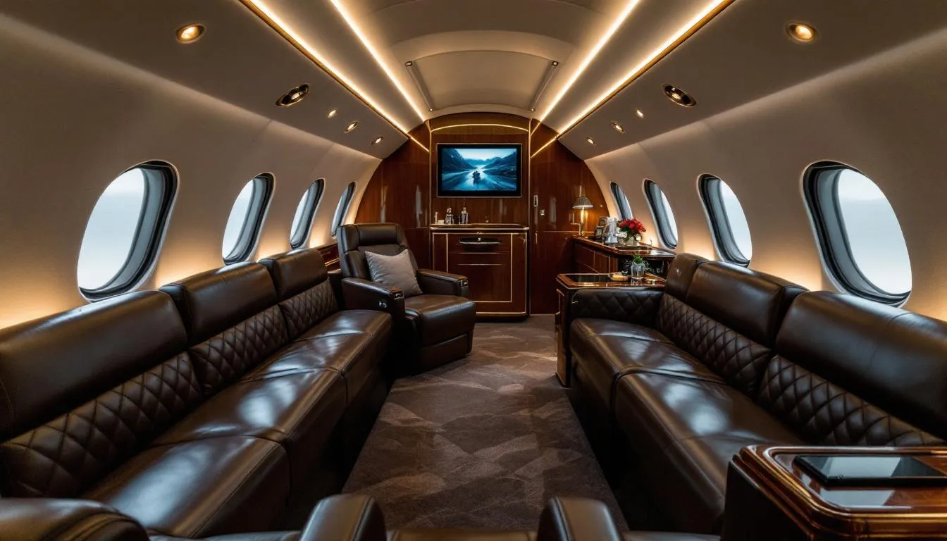 The image showcases the luxurious interior of a private jet cabin, featuring plush leather seating, sophisticated lighting, and high-end amenities designed for ultimate comfort. This elegant space is perfect for travelers looking to enjoy private flights to destinations like Ibiza, with a focus on personalized service and a premium travel experience.