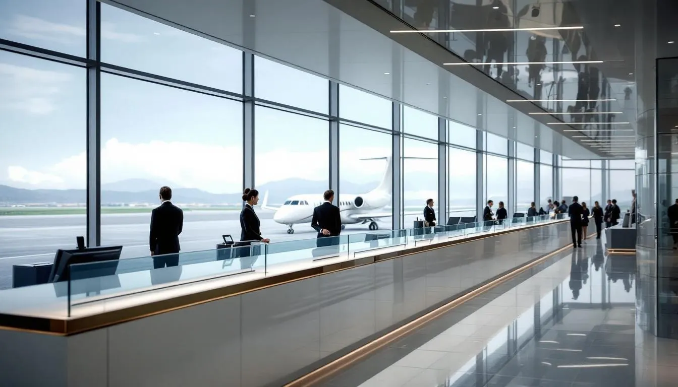 A private jet terminal featuring elegant customs and immigration facilities, designed to provide a luxurious and stress-free experience for private jet passengers. This modern space caters to private jet travel, ensuring efficient processing for international flights and access to exclusive airports.