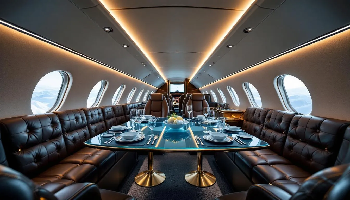 The image showcases a luxurious private jet interior, featuring plush seating arranged around an elegant dining area, designed for comfort and style. This opulent space is perfect for private jet passengers seeking a stress-free travel experience to international destinations.