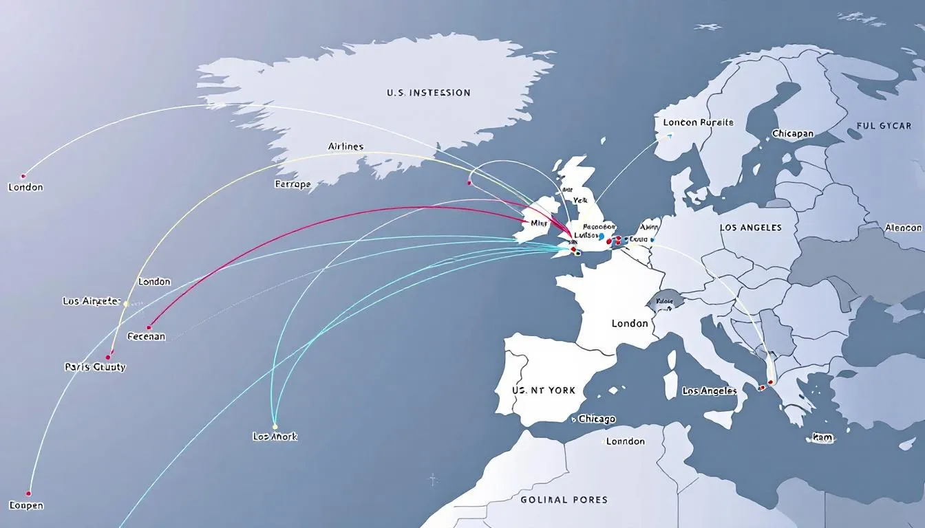 A detailed map illustrates the flight paths from major US cities to various European destinations, highlighting the routes available for private jet charter and international flights. This visual representation emphasizes the convenience of private jet travel, allowing passengers to fly privately to exclusive airports across the Atlantic Ocean while saving valuable time and enjoying a stress-free experience.