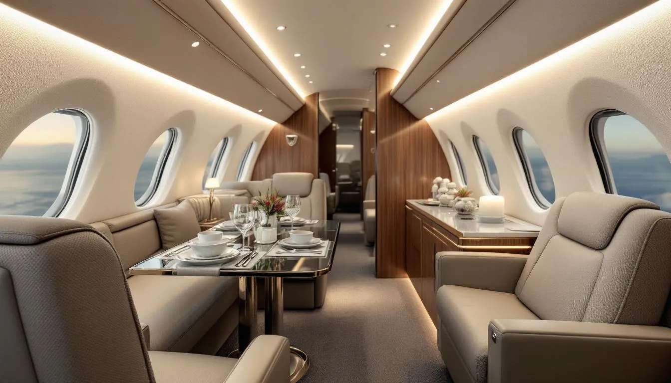 The image depicts the luxurious interior of a private jet, featuring plush seating and an elegant dining area designed for comfort and style. This opulent space is perfect for travelers flying to destinations like Oakland International Airport or enjoying private jet charter services in the San Francisco Bay Area.