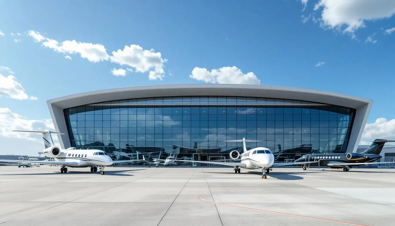 A modern private jet terminal building is depicted, featuring sleek architecture and a busy tarmac with a private jet ready for departure. This scene captures the essence of the Oakland International Airport, located in the San Francisco Bay Area, serving as a hub for private jet charter services and international flights.