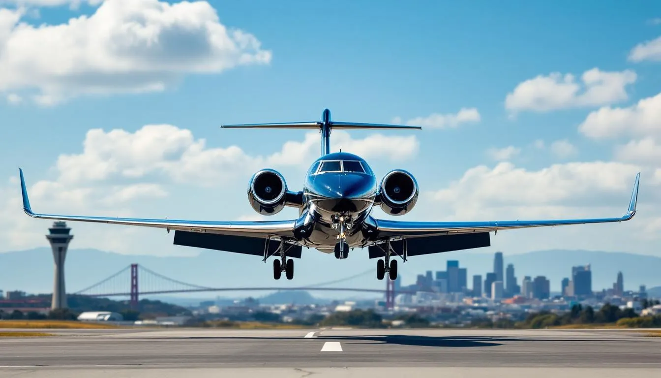 A private jet is landing at Oakland International Airport, with the stunning San Francisco Bay Area skyline visible in the background, showcasing the vibrant downtown Oakland and its historic architecture. This scene captures the essence of travel in California, highlighting the convenience of private jet charter services for visitors to the area.