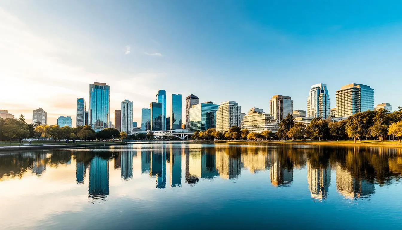The image depicts Lake Merritt in Oakland, California, with the downtown Oakland skyline beautifully reflected in the water, showcasing the city's historic architecture and vibrant urban atmosphere. This picturesque scene highlights the serene outdoor activities available in the San Francisco Bay Area.