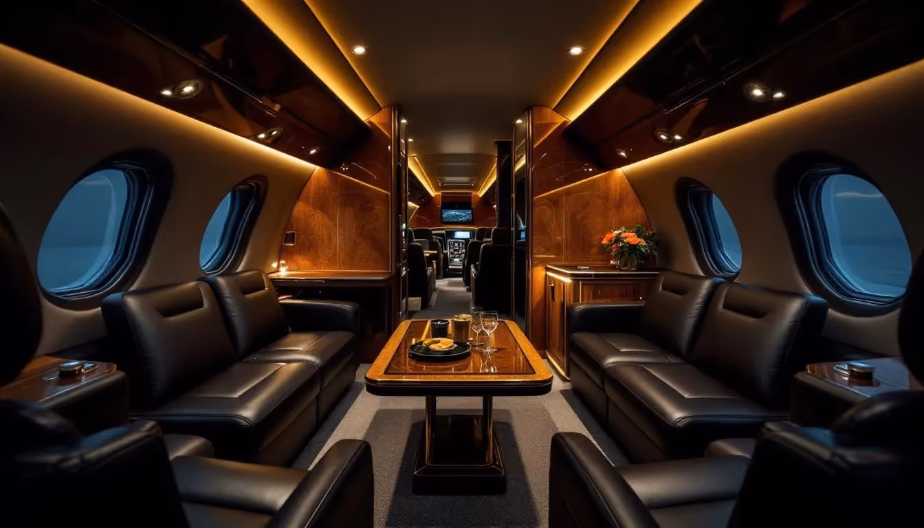 The image depicts the interior of a luxurious private jet cabin, featuring plush leather seating and a spacious layout designed for comfort. This elegant environment is ideal for travelers looking to enjoy a private jet flight from Burbank to Las Vegas, complete with in-flight catering and entertainment options.