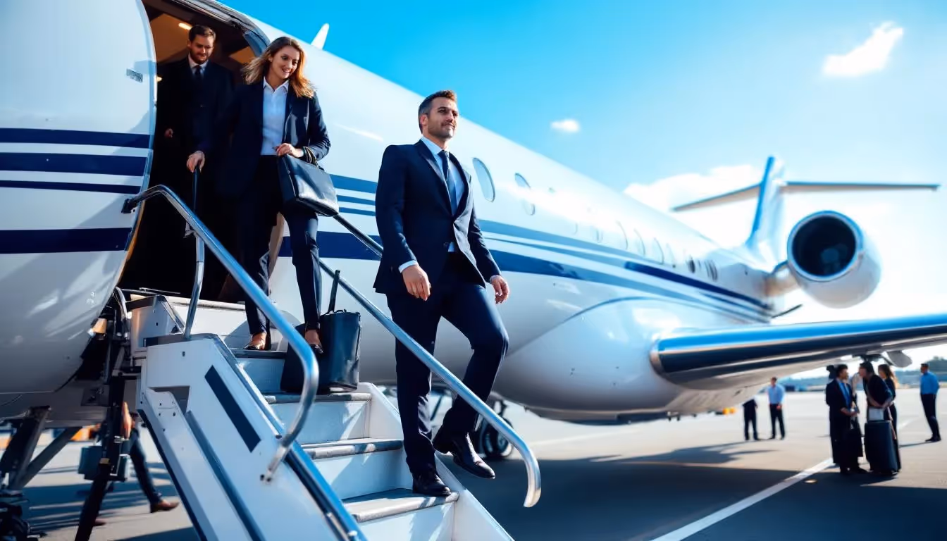 In the image, business travelers are boarding a private jet at a busy airport, ready for their private flight from Burbank to Las Vegas. The scene captures the luxury and convenience of private jet charters, highlighting the spacious cabin and the professional atmosphere as passengers prepare for their trip.