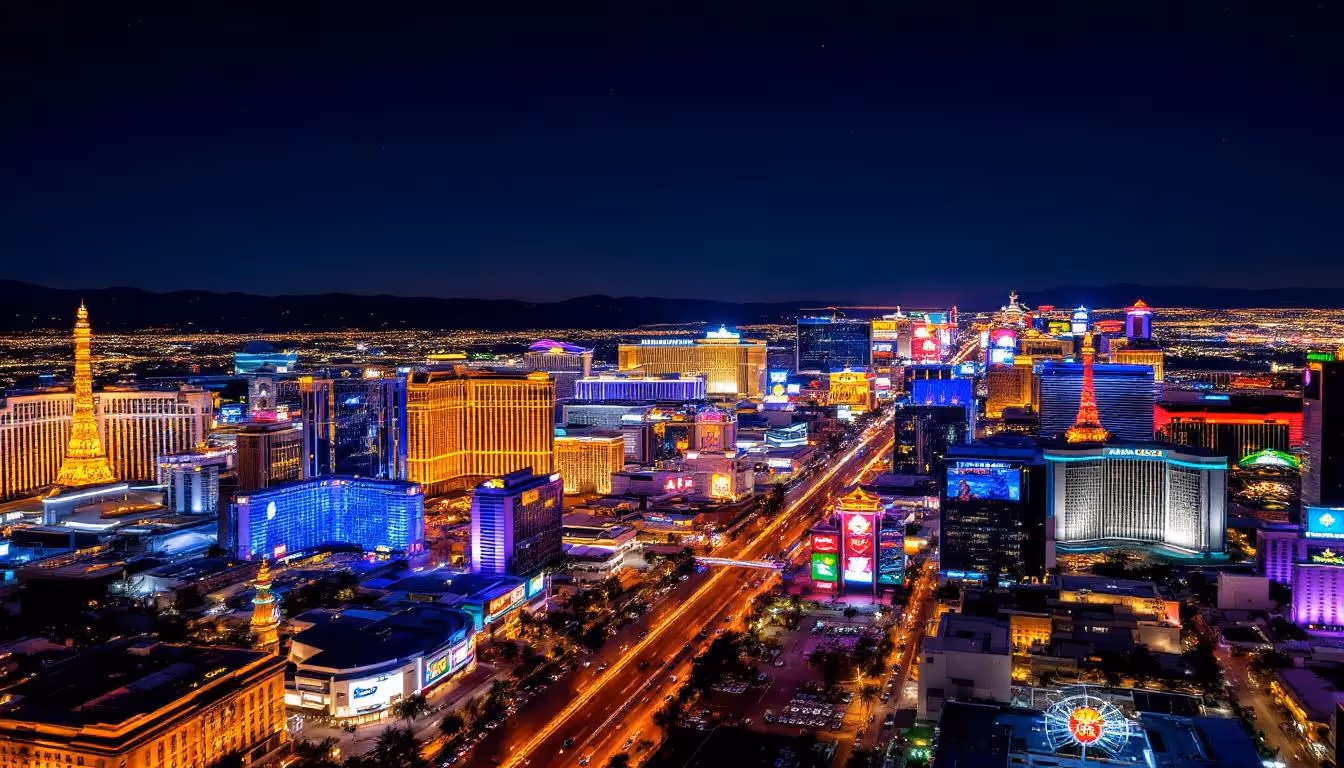 An aerial view of the Las Vegas Strip showcases the vibrant lights and iconic hotels and casinos, creating a dazzling panorama of Sin City. This bustling area is a popular destination for travelers arriving by private jet from Burbank to Las Vegas, offering luxurious accommodations and entertainment options.