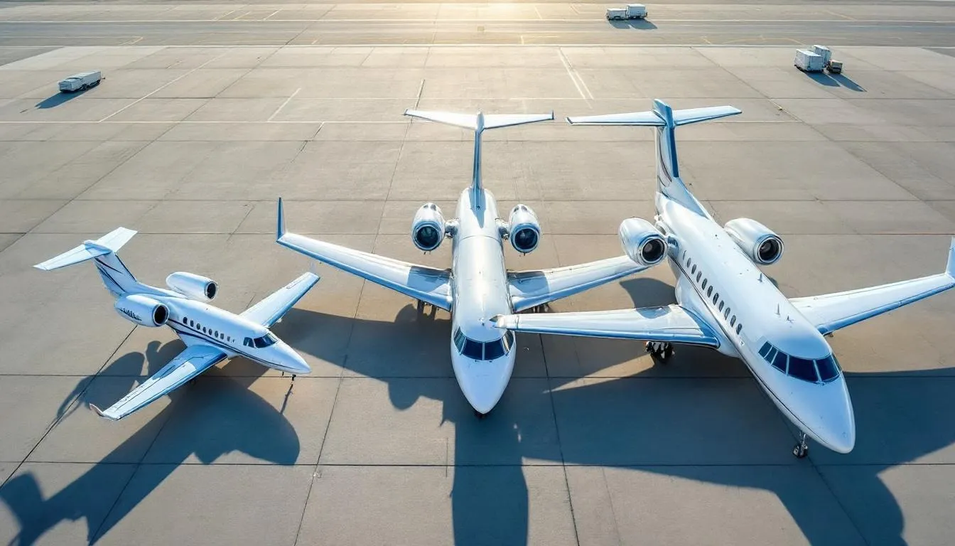 In the image, various private jets of different sizes are parked on an airport tarmac, showcasing the range from very light jets to larger private planes. This visual comparison highlights the options available for private jet charter flights, particularly for travelers heading to Las Vegas from locations like Los Angeles.