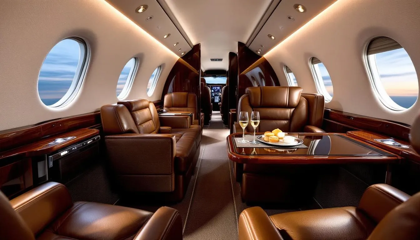 The image depicts the luxurious interior of a private jet, showcasing plush seating and high-end amenities designed for comfort and elegance. This private jet flight experience emphasizes spacious cabins and gourmet dining options, ideal for travelers heading to Las Vegas.