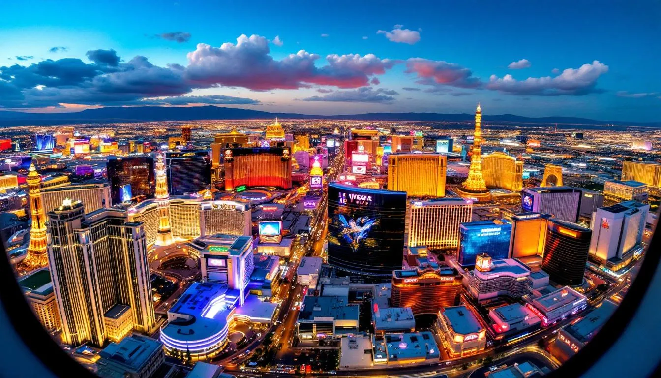 An aerial view from a private jet window showcases the vibrant Las Vegas Strip, with its iconic neon lights and bustling hotels, as seen from above during a private jet flight. This image encapsulates the excitement of the entertainment capital, highlighting the grandeur of Las Vegas against the backdrop of the desert landscape.
