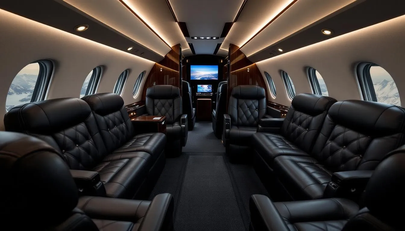 The image depicts a luxurious private jet cabin interior featuring plush leather seating, designed for comfort and elegance. This sophisticated space is ideal for private jet travelers seeking an exceptional travel experience from Washington D.C. to Miami.