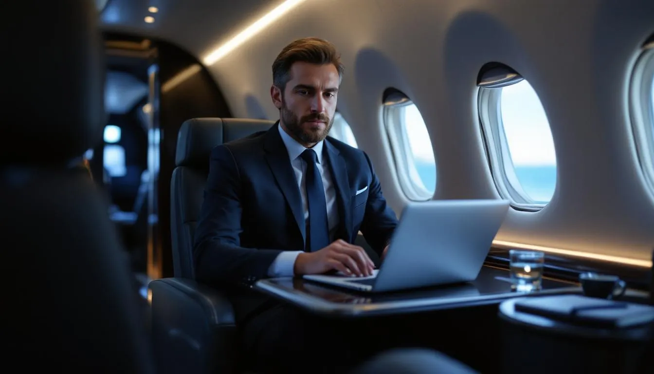 In a luxurious private jet cabin, a business traveler is focused on their laptop, surrounded by elegant furnishings and ample space, embodying the comfort and convenience of private jet charters for their trip from Washington D.C. to Miami. The cabin reflects an atmosphere of exceptional service and personalized attention, making it ideal for private jet travelers seeking a productive in-flight experience.