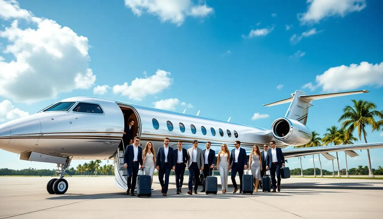 A sleek private jet is parked at Miami International Airport, ready for takeoff to Florida. The image showcases the luxury and convenience of private jet charters, highlighting the exclusive travel experience with spacious interiors and attentive crew members.