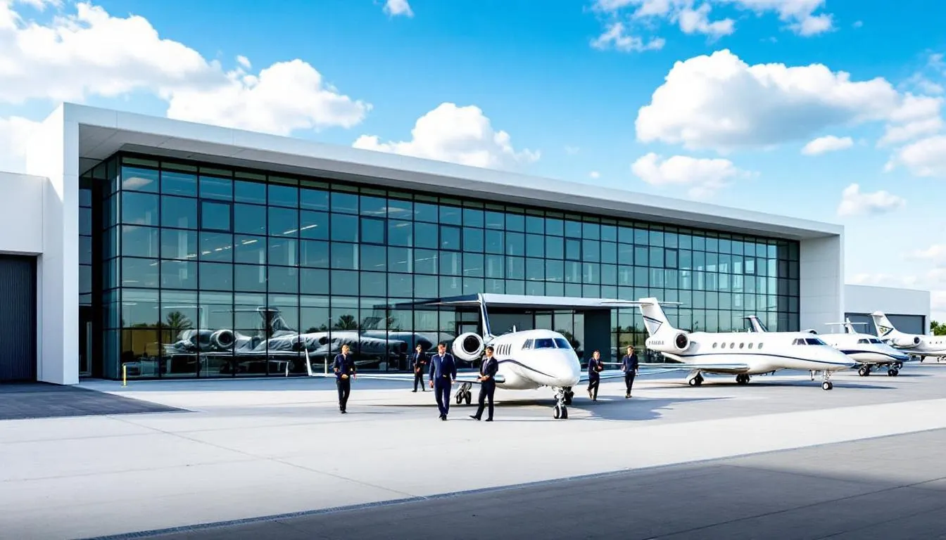 A modern FBO terminal building is depicted with several private jets parked on the tarmac, highlighting the aircraft parking available for business and leisure travelers at the North Las Vegas Airport. The scene captures the bustling atmosphere of the Las Vegas area, ideal for charter flights and private plane parking.