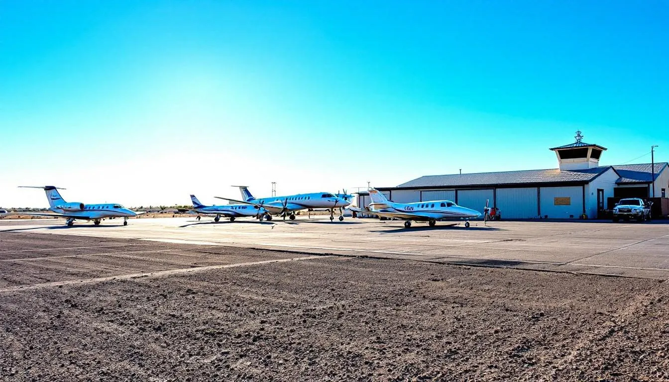 A small private airport is depicted, with several aircraft parked under a clear desert sky, showcasing the availability of private jet parking for business and leisure travelers in the Las Vegas area. The scene highlights the convenience of private aircraft parking near the Las Vegas Strip and its proximity to local amenities and services.