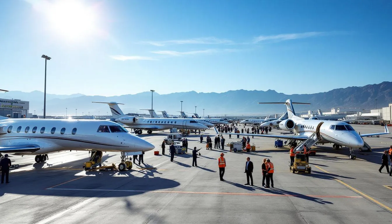 The image depicts a bustling aircraft ramp at a Las Vegas airport, filled with multiple private jets parked during a major event, likely Super Bowl weekend. Business and leisure travelers can be seen arriving and departing, highlighting the high demand for private flight services in the Las Vegas area.