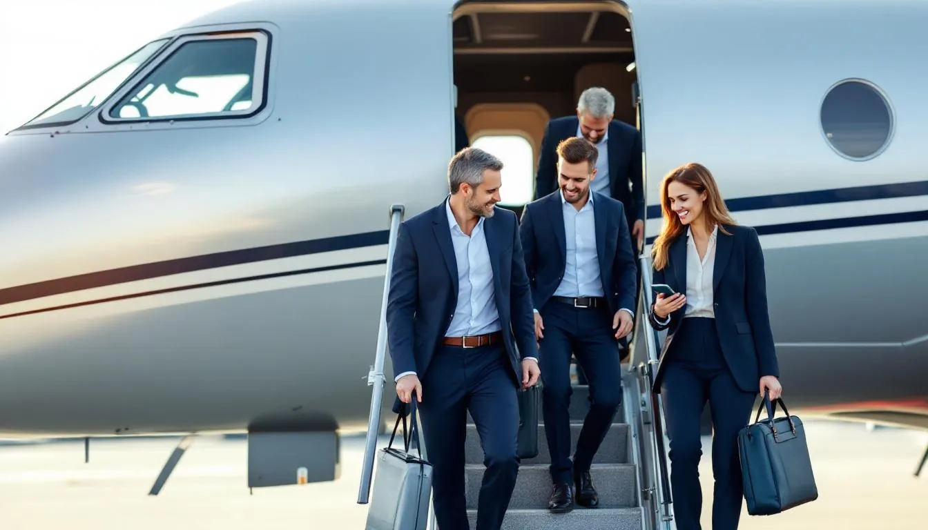 A group of business travelers is seen boarding a small private jet, preparing for their upcoming trip to Las Vegas. The scene captures the convenience and luxury of private jet travel, highlighting the seamless experience that private jet charters offer to both business and leisure travelers.