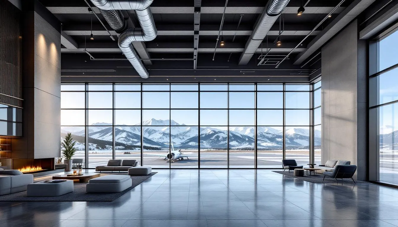 A modern private jet terminal building is set against the stunning natural beauty of the mountains, with panoramic views of Lake Tahoe in the background. This luxurious facility caters to private jets and charter flights, providing travelers with unparalleled comfort and convenience for their trips to South Lake Tahoe and nearby ski resorts.