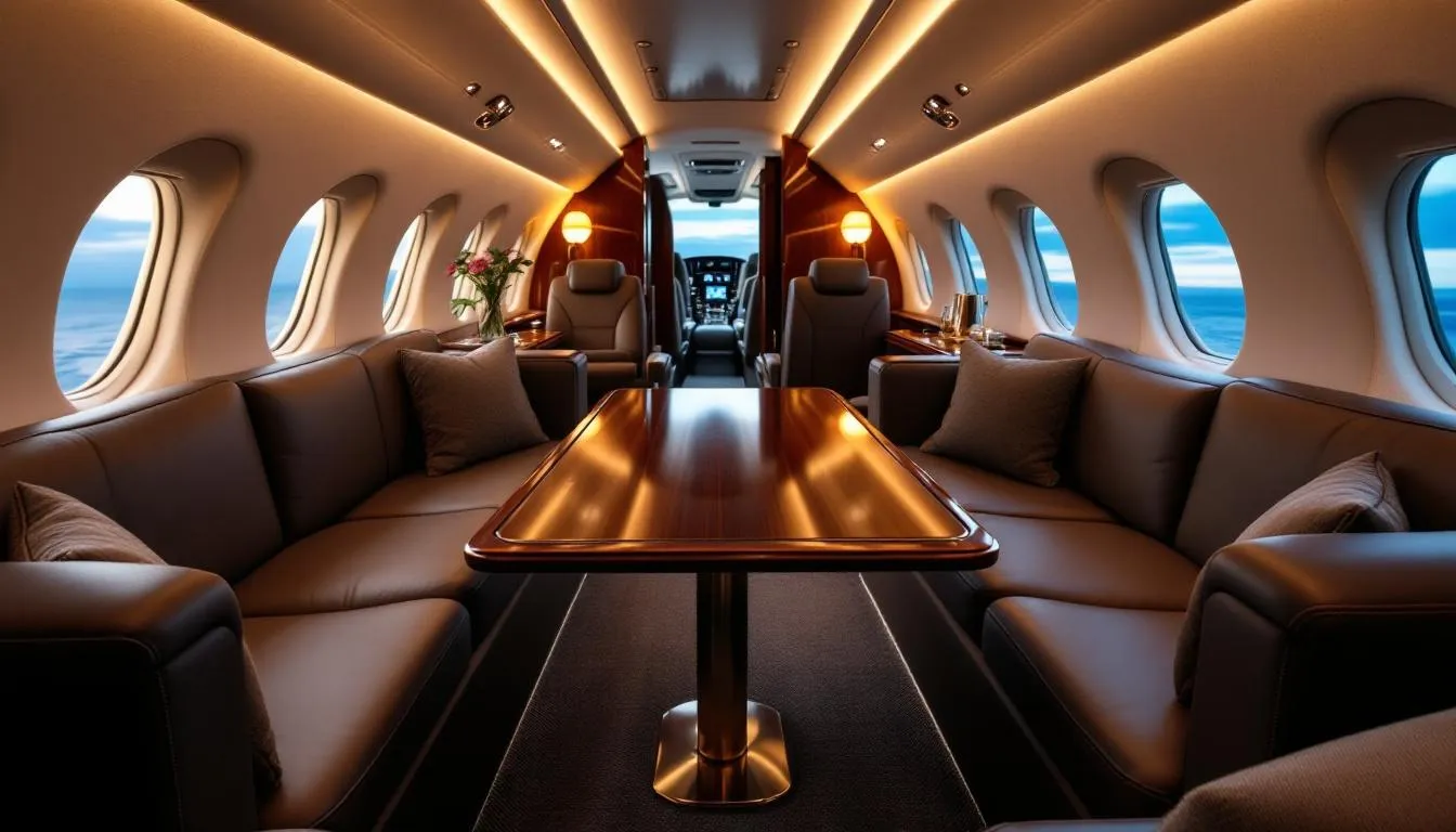 The image depicts the luxurious interior of a private jet, featuring comfortable seating designed for unparalleled comfort and relaxation. This elegant space is perfect for travelers heading to destinations like Lake Tahoe, offering a travel experience that combines convenience and style.