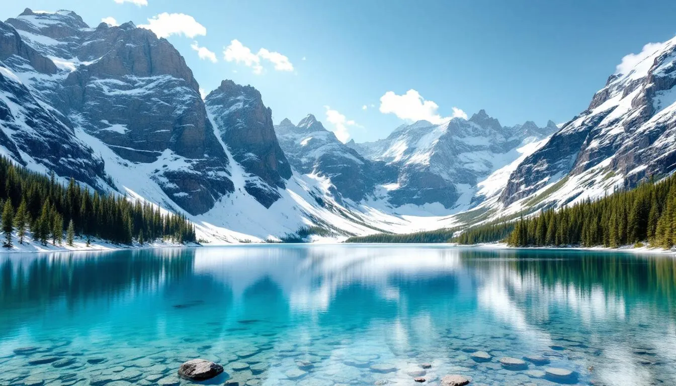 The image depicts snow-covered mountains surrounding a crystal clear alpine lake, showcasing the stunning natural beauty of Lake Tahoe. This picturesque scene highlights the serene winter landscape, inviting outdoor adventures such as hiking and skiing at nearby resorts.