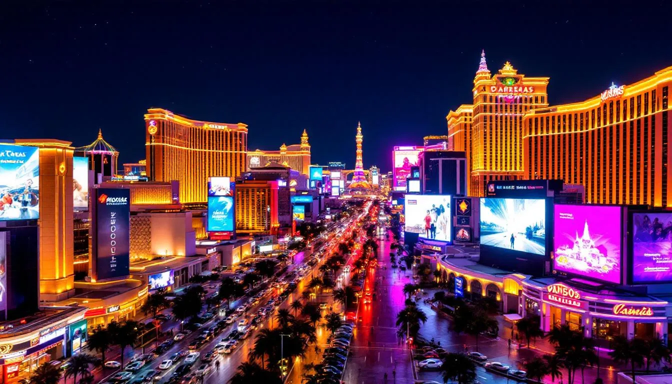 An aerial view of the Las Vegas Strip at night showcases the dazzling lights of illuminated casinos and lavish hotels, highlighting the vibrant nightlife of this entertainment capital. The scene captures the essence of Las Vegas, a popular destination often reached by private jet charter services from London to Las Vegas.