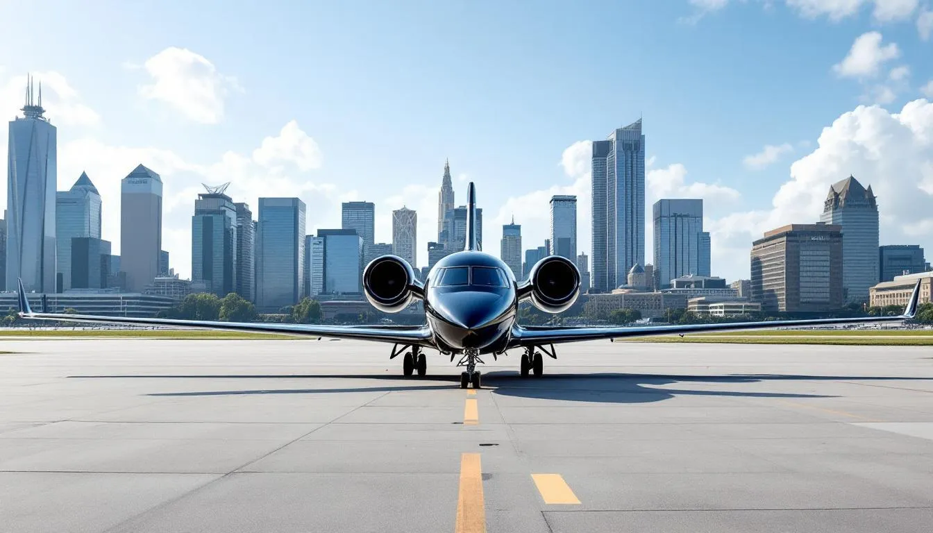 A modern ultra long range private jet is parked on the airport tarmac, with a vibrant city skyline in the background, showcasing the luxurious appeal of private jet flights from London to Las Vegas. The scene captures the essence of private aviation, highlighting the exclusive experience of traveling to the entertainment capital.