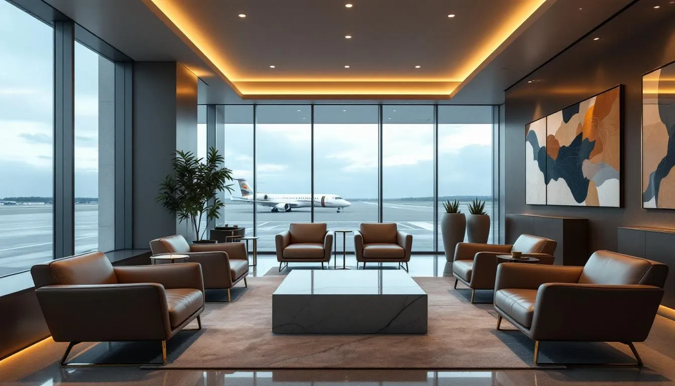 A modern private jet terminal features a luxurious waiting area with comfortable seating and elegant decor, designed for passengers preparing for their private flights from Detroit to Las Vegas. The space offers amenities to enhance the travel experience, reflecting the high-end nature of private jet charters.