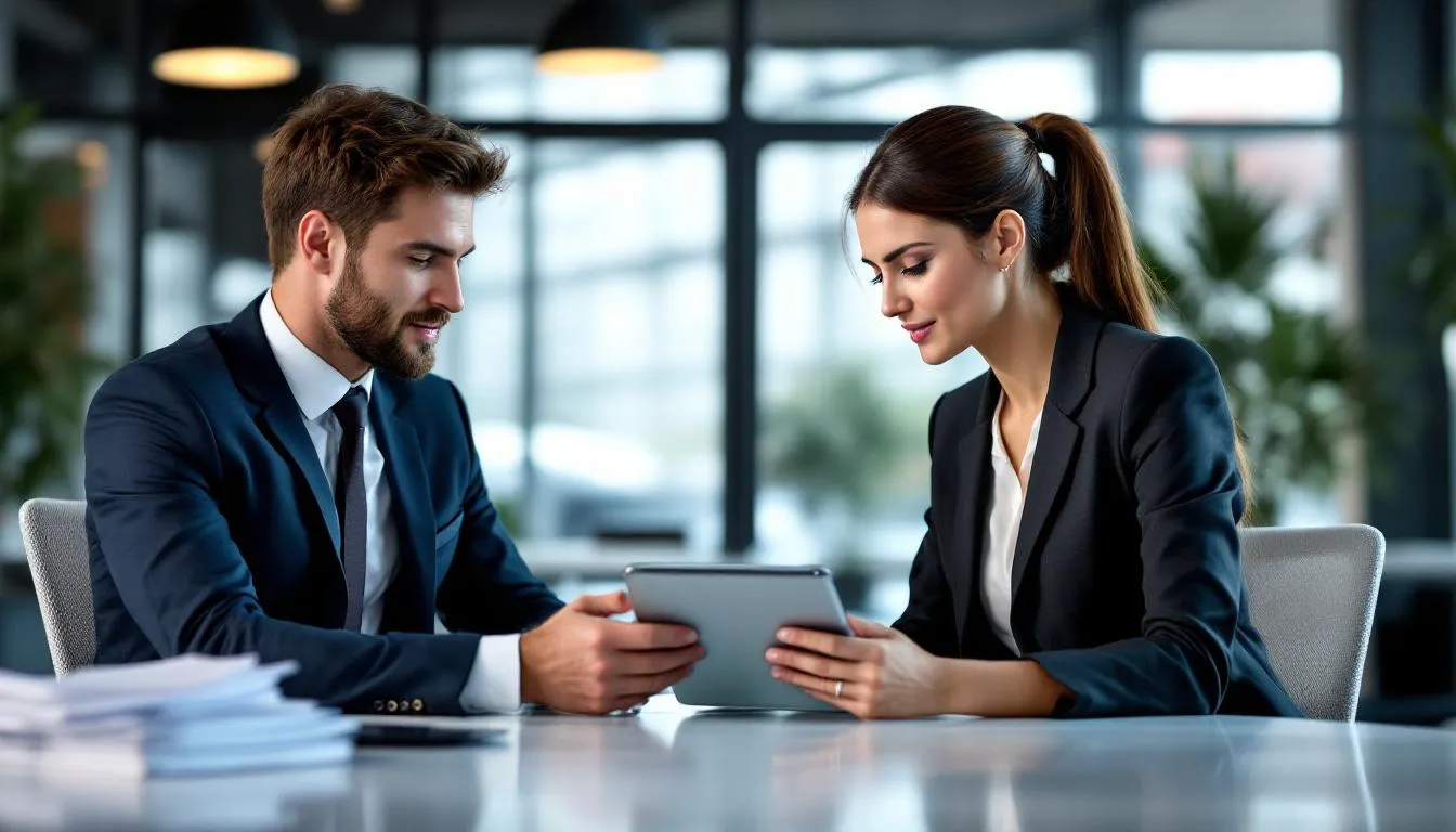 In the image, business professionals are gathered around a tablet, intently reviewing flight details for a private jet charter from Detroit to Las Vegas. The setting suggests a focus on planning their journey, with discussions likely revolving around private flights and aircraft options.