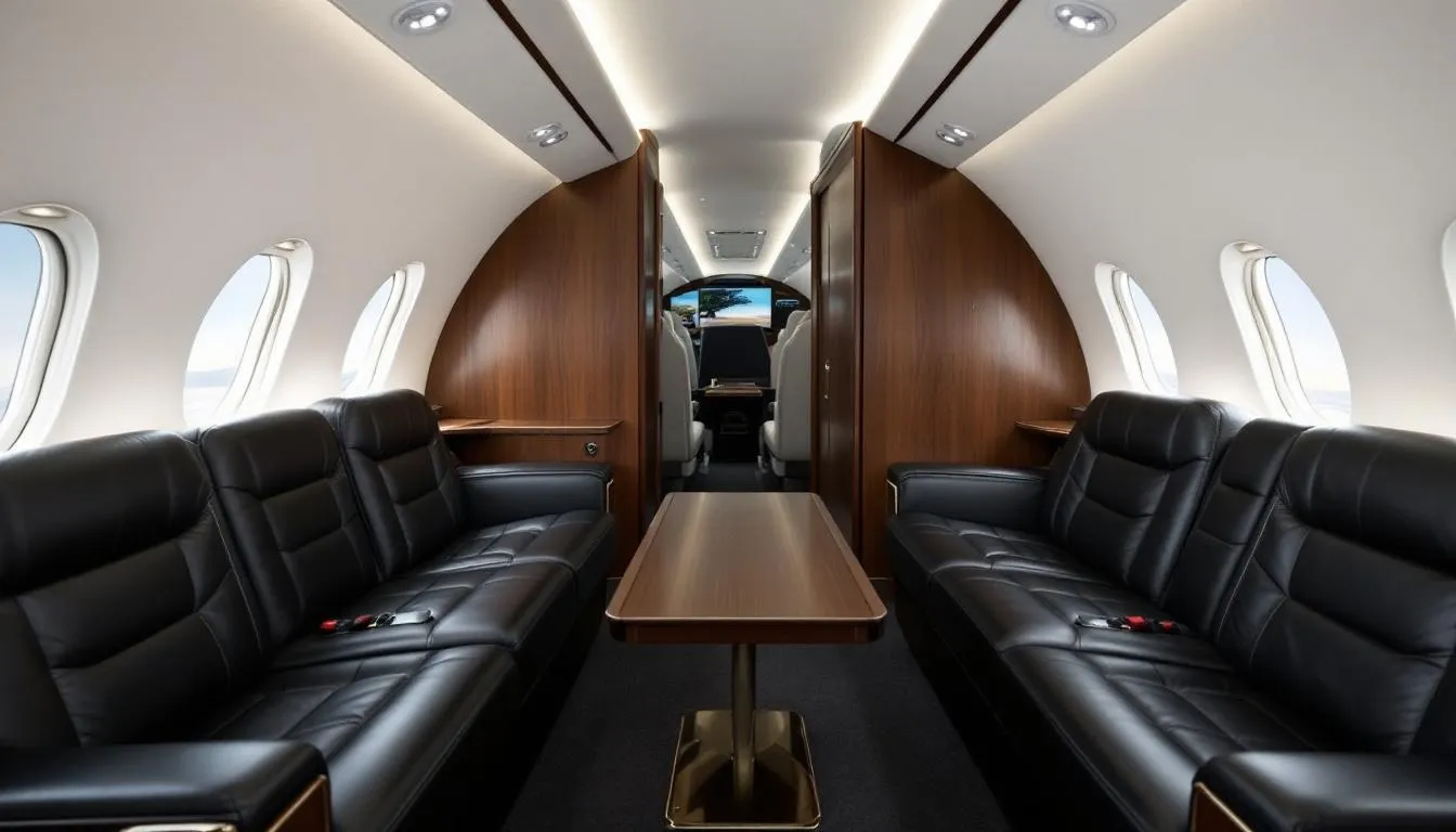 The image features an elegant private jet cabin interior, showcasing luxurious leather seating designed for comfort and style. This sophisticated space is perfect for passengers traveling on private jet charters from Detroit to Las Vegas, offering a premium flying experience.