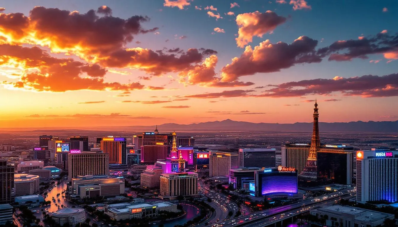 An aerial view of the Las Vegas Strip during sunset showcases the vibrant lights and bustling energy of the entertainment capital, with iconic landmarks silhouetted against a colorful sky. This scene evokes the allure of private jet travel, highlighting the ease of chartering flights from Denver to Las Vegas for both business and leisure travelers.