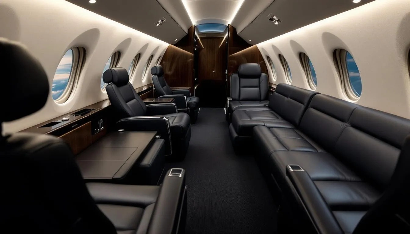 The image showcases a modern private jet interior featuring plush leather seating, designed for comfort and luxury, ideal for business and leisure travelers flying from Denver to Las Vegas. The elegant cabin reflects the high standards of private jet charters, providing a sophisticated atmosphere for passengers.