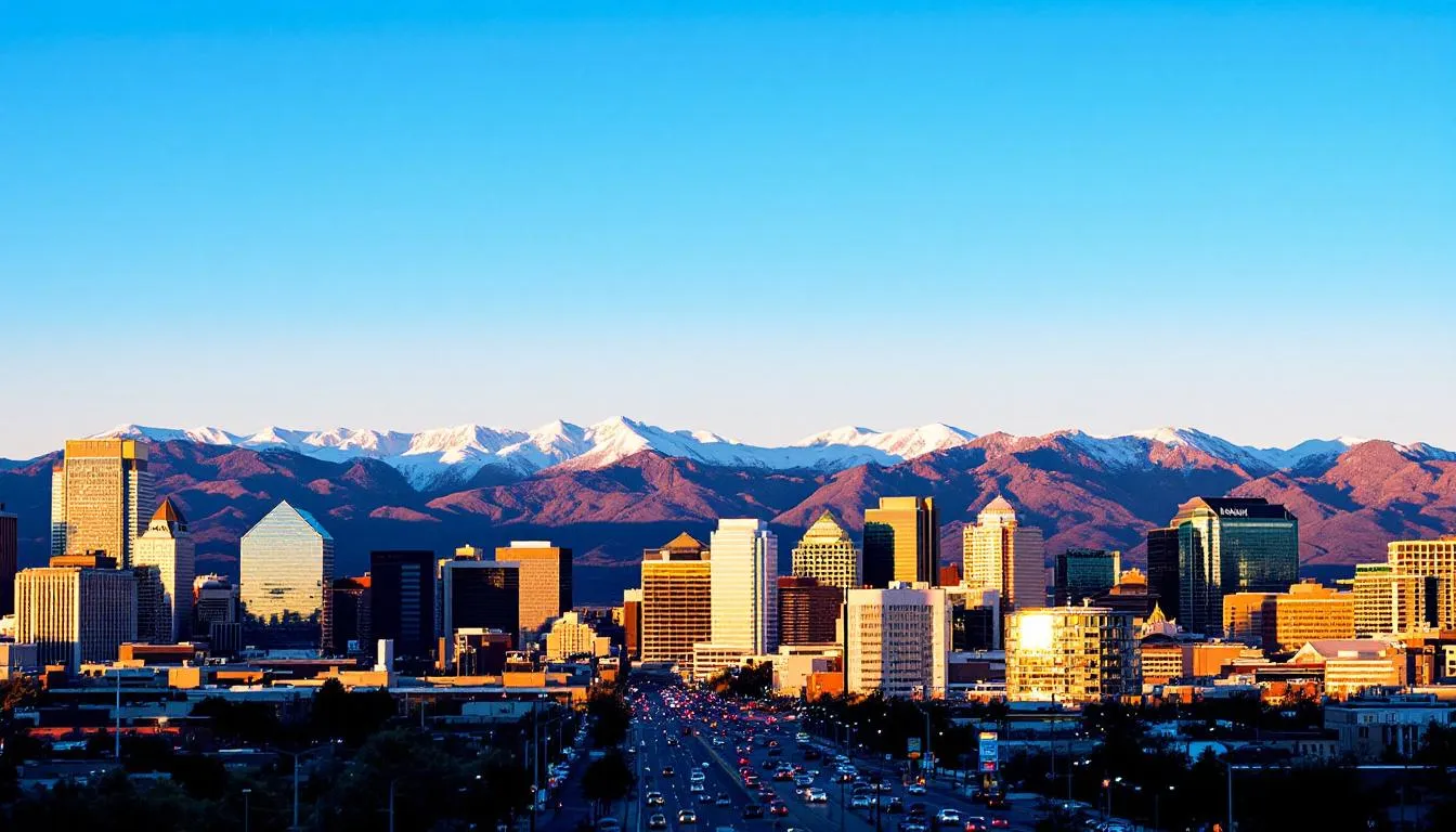 The image depicts a vibrant Denver cityscape with towering skyscrapers in the foreground and the majestic Rocky Mountains rising in the background, showcasing the unique blend of urban and natural beauty. This scene represents a potential departure point for travelers considering private jet charter flights from Denver to Las Vegas, highlighting the accessibility of luxurious travel options.