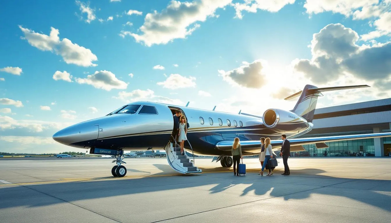 An image depicting a sleek private jet ready for takeoff at the North Las Vegas Airport, symbolizing the luxury and convenience of charter flights to Las Vegas. In the background, the vibrant cityscape of Las Vegas can be seen, highlighting its status as the entertainment capital of the world.
