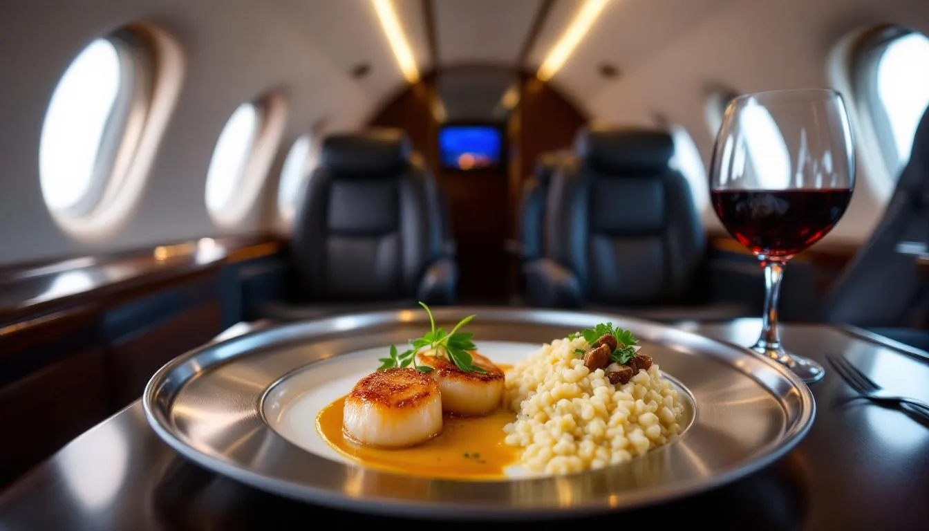 In a luxurious private jet cabin, a gourmet meal is elegantly served, showcasing the ultimate comfort and sophistication that private jet charters to Las Vegas offer. The setting highlights the exclusivity of private flights, perfect for travelers seeking a premium dining experience while flying to the entertainment capital of the world.