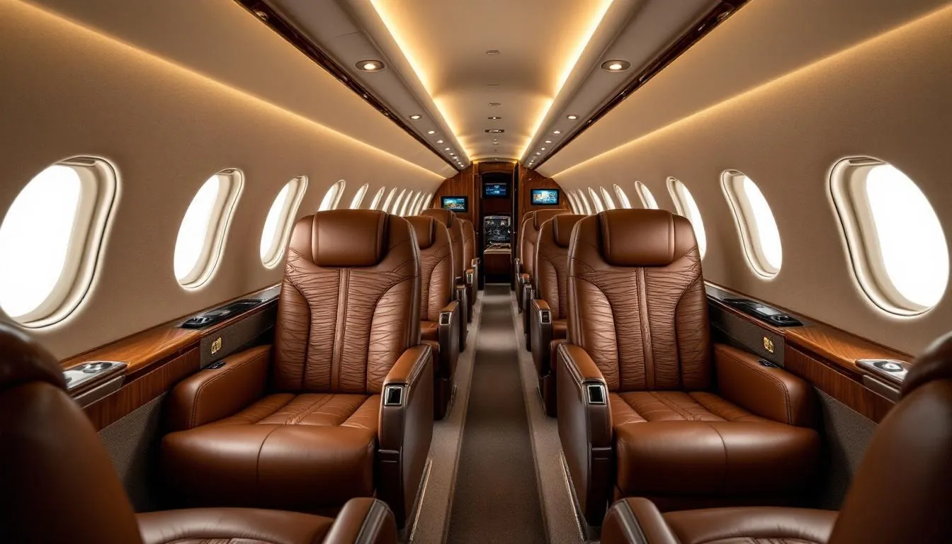 The image depicts the luxurious interior of a private jet, featuring plush leather seating and state-of-the-art entertainment systems, designed for ultimate comfort during private flights to destinations like Las Vegas. This opulent setting showcases the elegance and convenience of private jet charters, perfect for travelers seeking a premium experience.