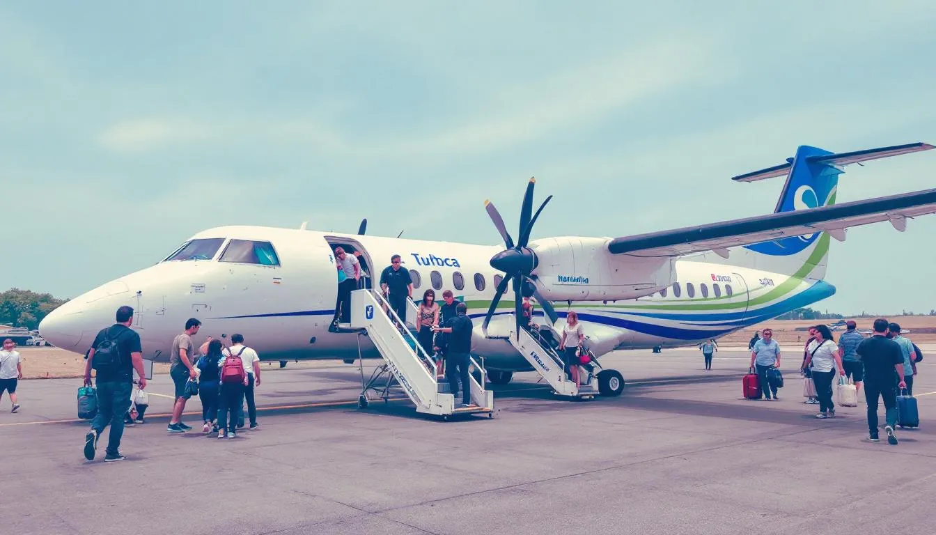 A turboprop aircraft is shown with passengers boarding via stairs, indicating a private jet charter experience. The scene captures the excitement of group travel as individuals prepare for their flight to a luxurious destination.