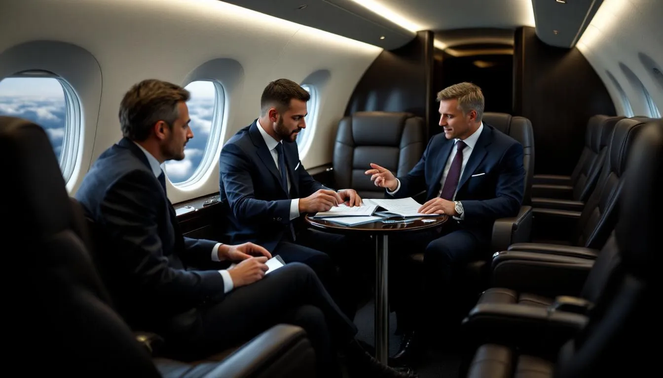 In a luxurious private jet cabin, a group of business executives is engaged in a meeting, discussing strategies and plans for their upcoming projects. The spacious cabin is equipped with comfortable seating and amenities, providing an ideal environment for productive discussions while flying to their destination.