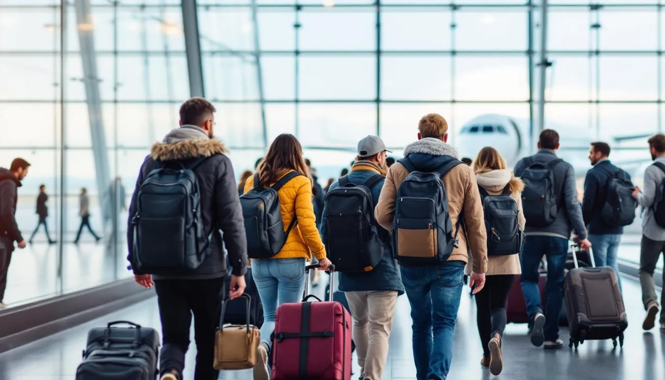 A group of travelers, each carrying luggage, approaches a private jet, ready for their charter flight. The aircraft, designed for group travel, stands ready on the tarmac, highlighting the luxury and convenience of private jet travel.