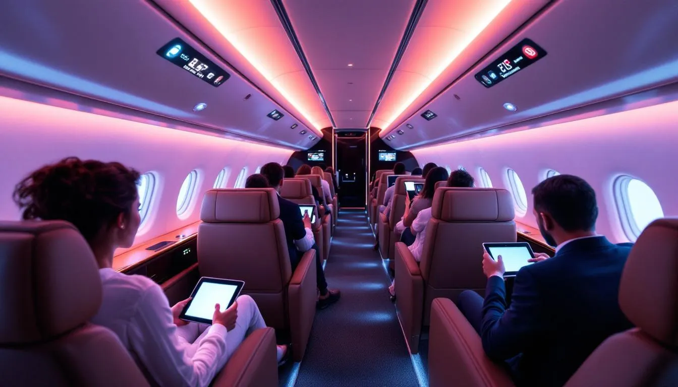 The image depicts a modern private jet interior, showcasing advanced smart cabin technology designed for luxury and comfort. Features like spacious seating, auto radar systems, and a Cirrus airframe parachute system highlight the aircraft's focus on safety and efficiency for passengers and pilots alike.