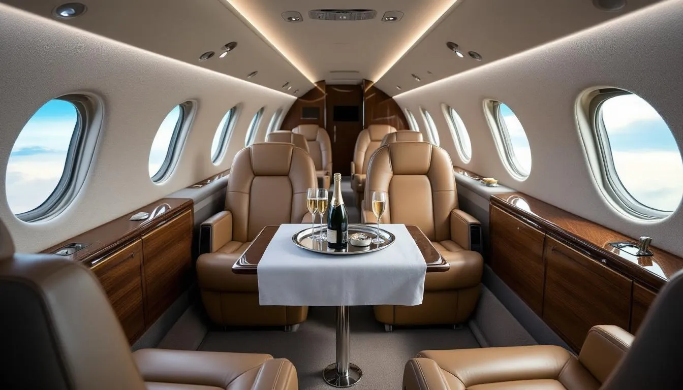 Inside a luxurious 2 million dollar private jet, the spacious cabin features plush seating and high-end finishes, providing an elegant environment for passengers. Equipped with advanced technology like an auto radar and a Cirrus airframe parachute system, this light jet ensures both comfort and safety during flight.