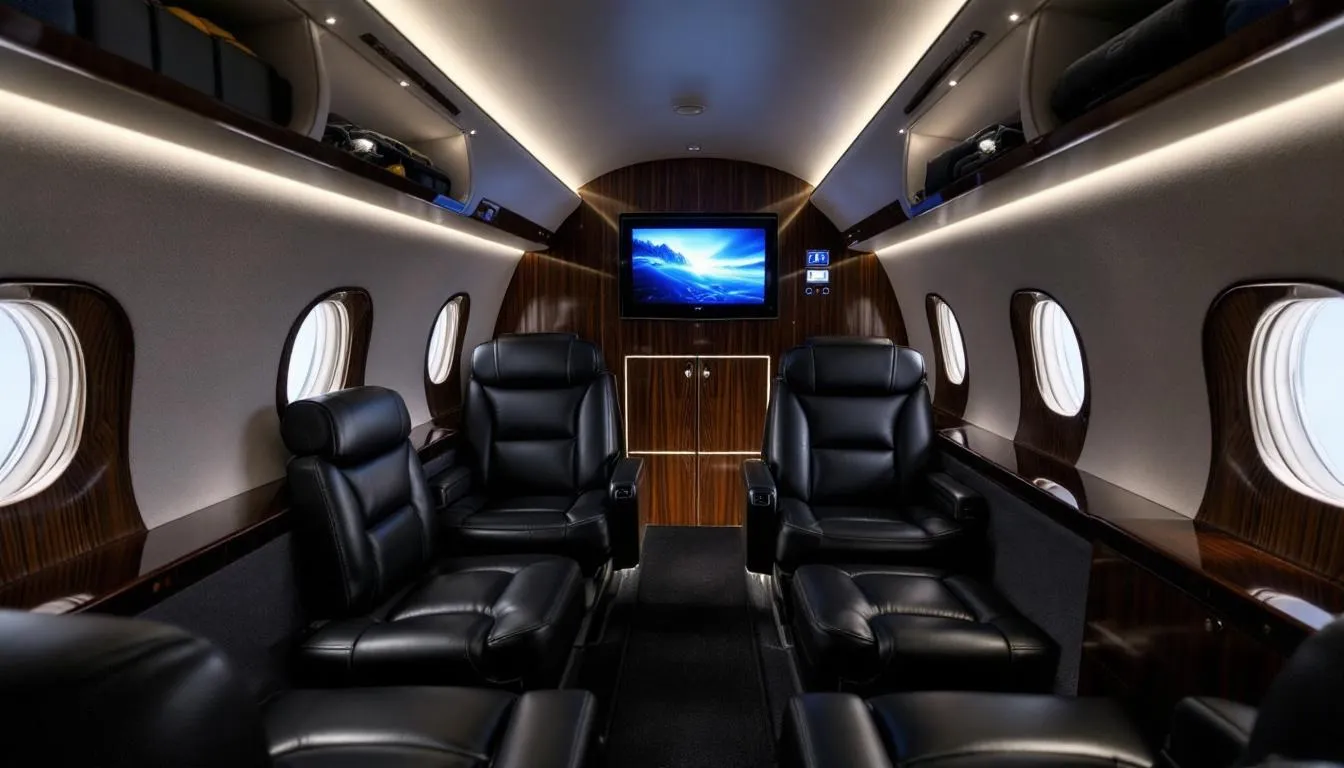 Inside the private jet aircraft, luxurious seating and elegant decor create an inviting atmosphere, emphasizing the VIP treatment and comfort that private aviation offers to clients. The spacious cabin is designed for relaxation and productivity, ensuring an excellent flying experience tailored to individual needs.