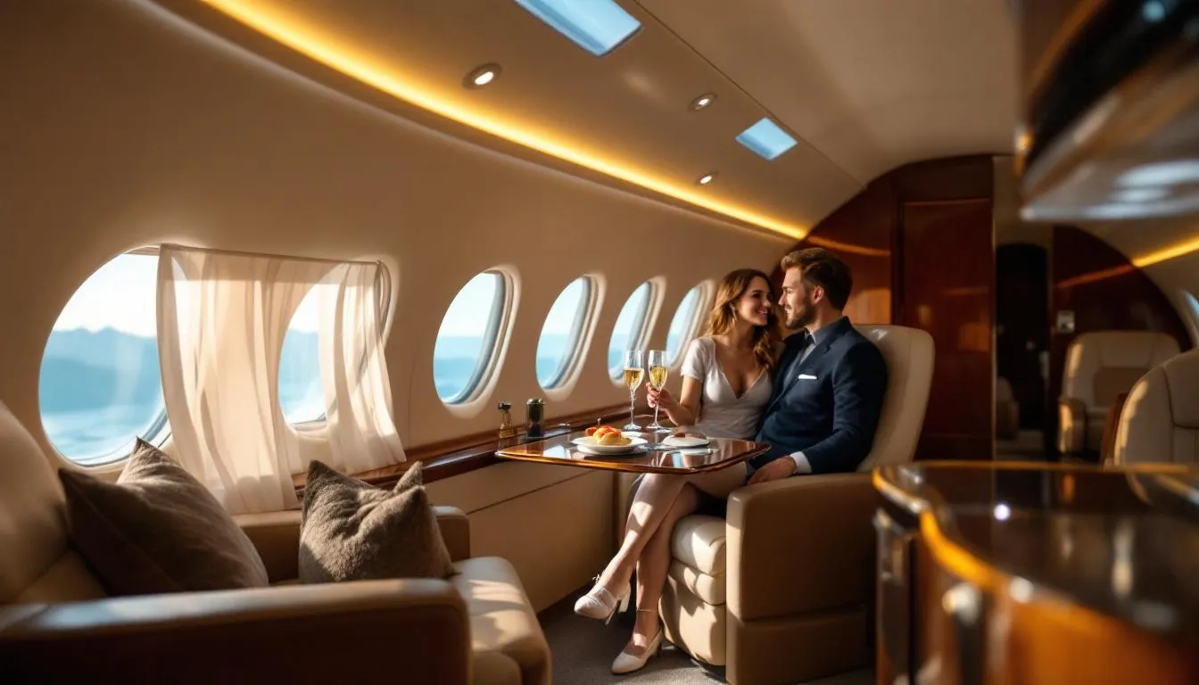 A luxurious private jet soaring through the sky, offering a great travel experience with VIP treatment and competitive rates for clients. The image captures the essence of private aviation, showcasing the comfort and exclusivity of flying to various destinations around the world.