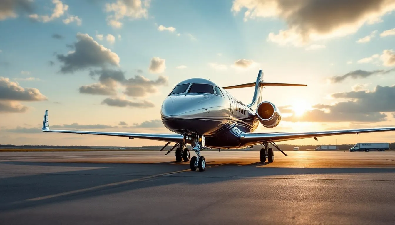 In this image, a sleek private jet is showcased, representing the pinnacle of business aviation, emphasizing the luxury and convenience of owning private jets. It highlights the craftsmanship of leading private jet manufacturers like Honda Aircraft Company and Dassault Aviation, indicating the advanced technology and design in modern private aircraft.